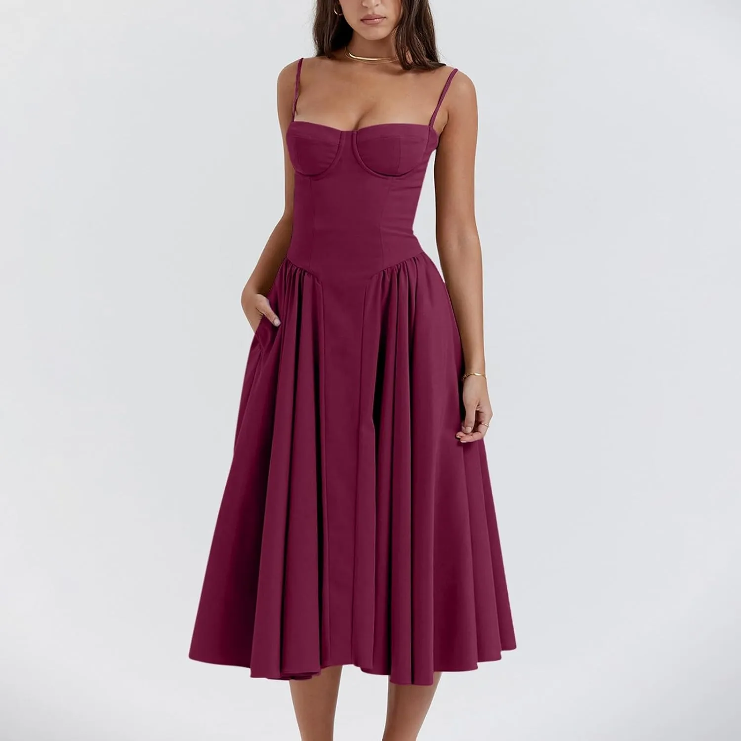 Spaghetti Strap Corset Dress for Women Formal Sexy Low Cut Midi Dress Boho Pleated Hem Cocktail Dresses with Pockets