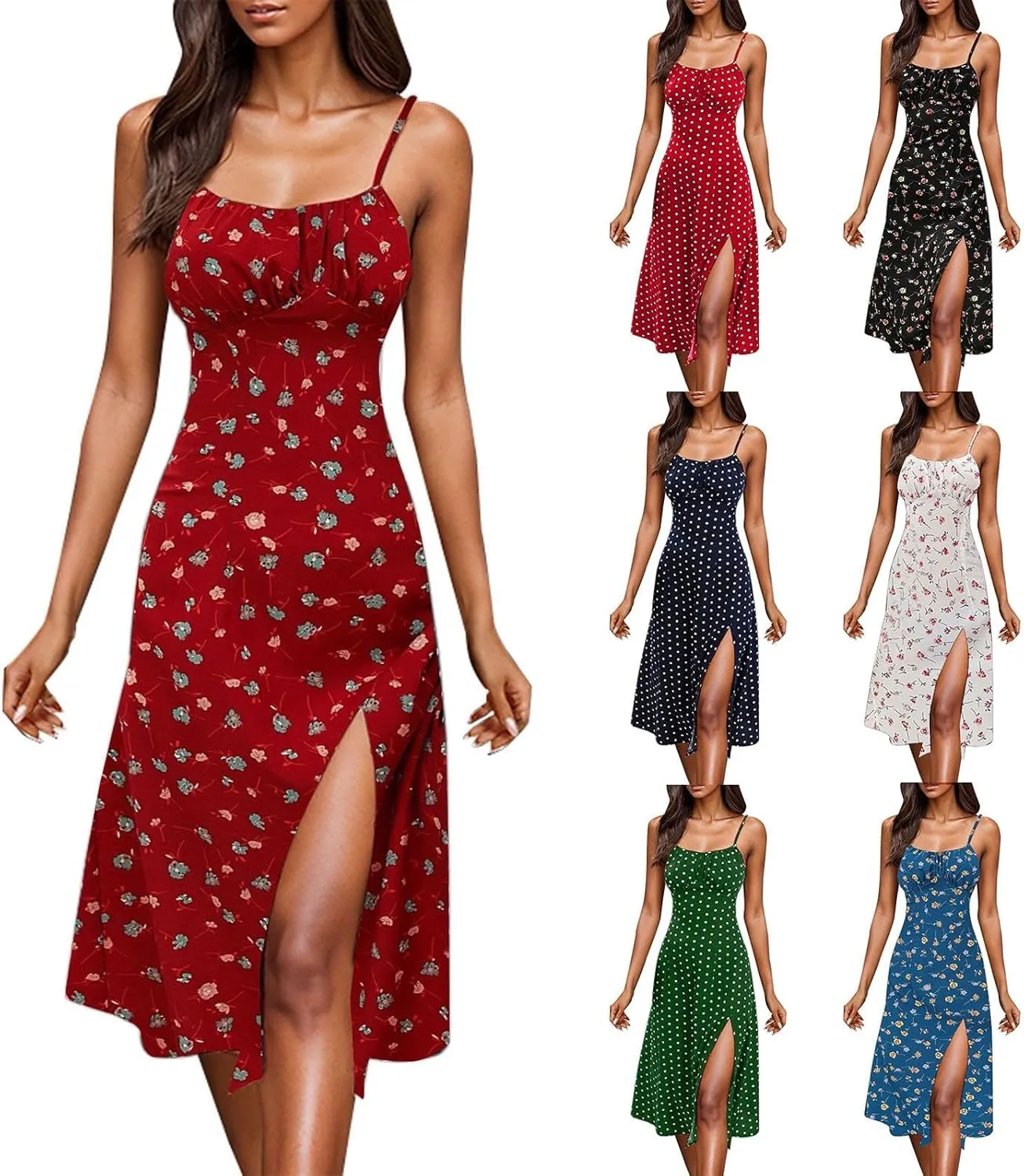 Spaghetti Strap Dresses for Women 2025 Polka Dot Midi Dress Sleeveless Slit Summer Sundress Beach Vacation Sexy Dress