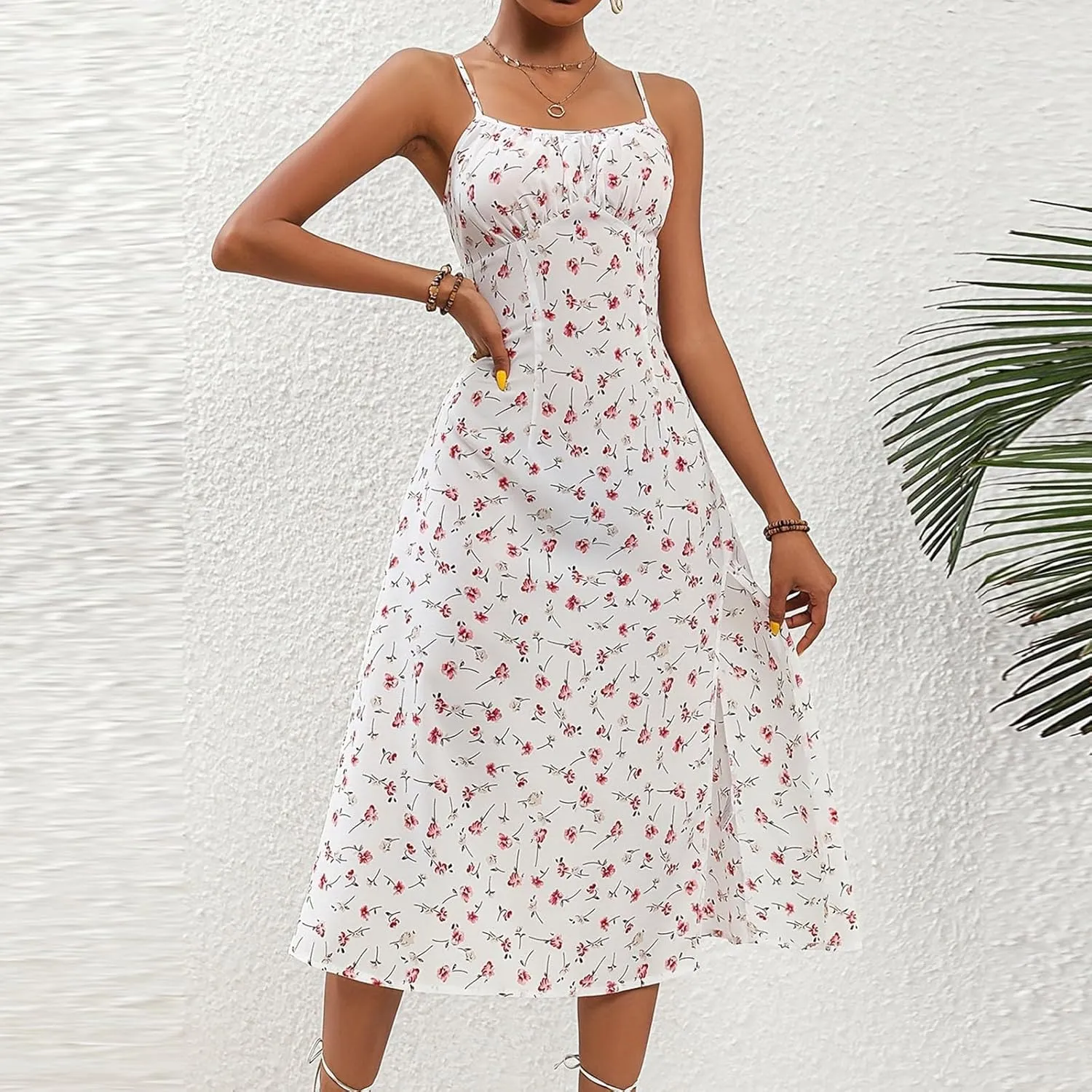 Spaghetti Strap Dresses for Women 2025 Polka Dot Midi Dress Sleeveless Slit Summer Sundress Beach Vacation Sexy Dress