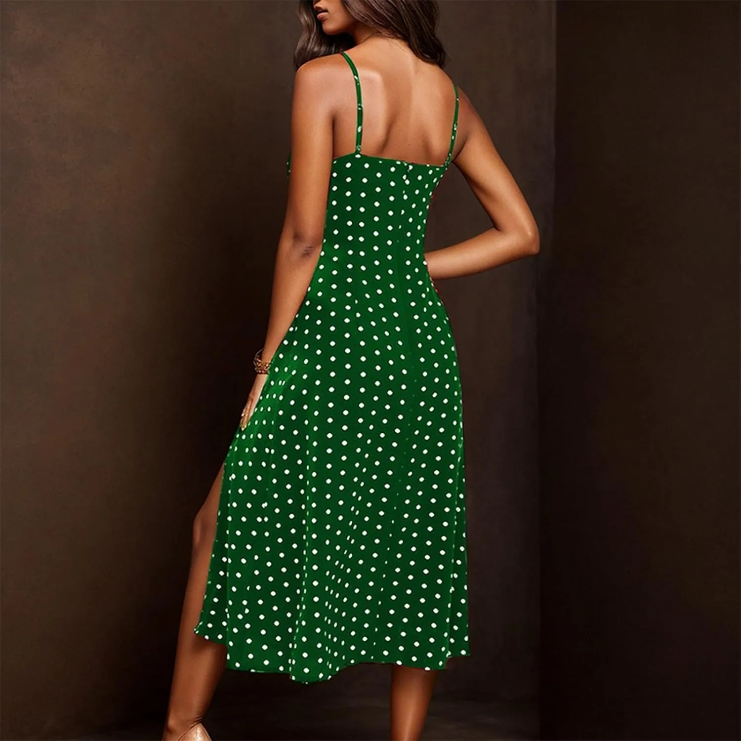 Spaghetti Strap Dresses for Women 2025 Polka Dot Midi Dress Sleeveless Slit Summer Sundress Beach Vacation Sexy Dress