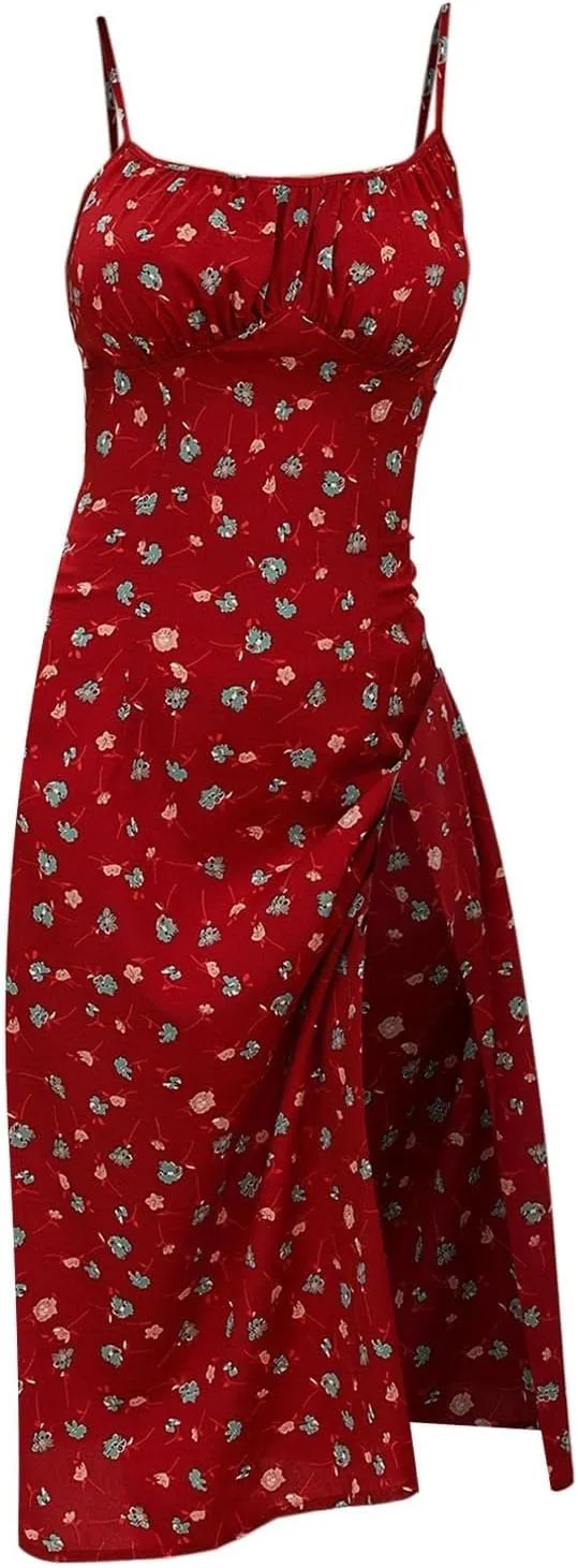 Spaghetti Strap Dresses for Women 2025 Polka Dot Midi Dress Sleeveless Slit Summer Sundress Beach Vacation Sexy Dress