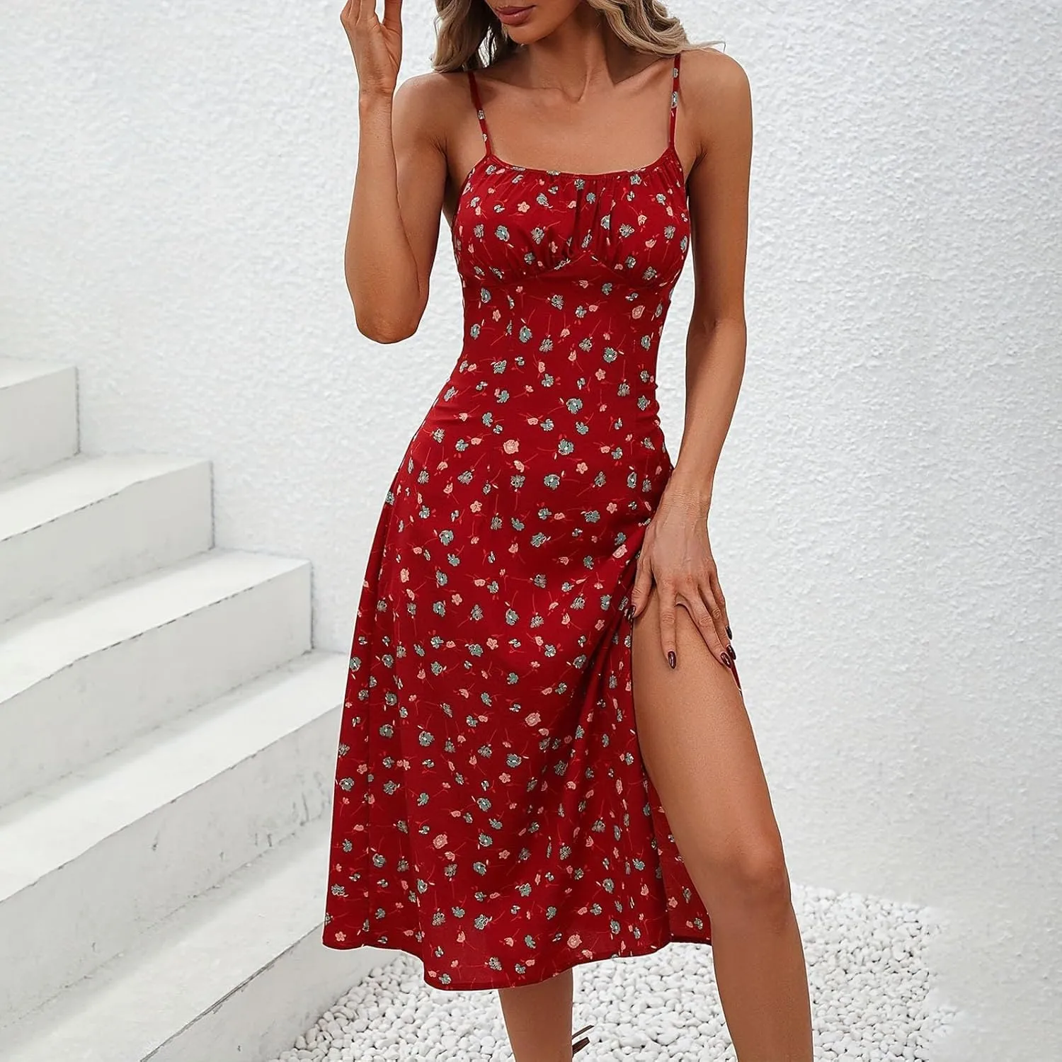 Spaghetti Strap Dresses for Women 2025 Polka Dot Midi Dress Sleeveless Slit Summer Sundress Beach Vacation Sexy Dress