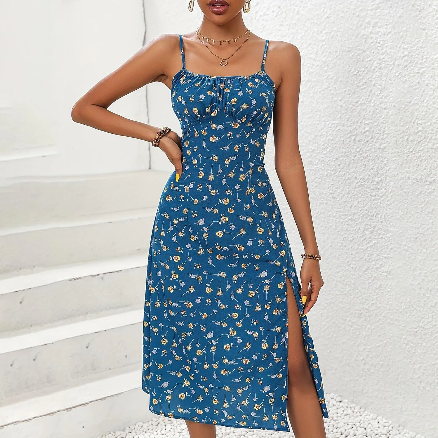 Spaghetti Strap Dresses for Women 2025 Polka Dot Midi Frock Sleeveless Slit Summer Sundress Beach Vacation Dress