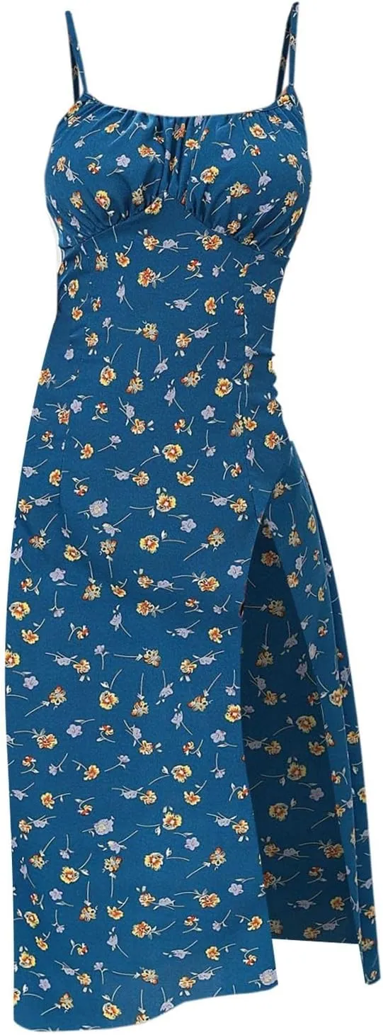 Spaghetti Strap Dresses for Women 2025 Polka Dot Midi Frock Sleeveless Slit Summer Sundress Beach Vacation Dress