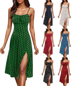 Spaghetti Strap Dresses for Women 2025 Polka Dot Midi Frock Sleeveless Slit Summer Sundress Beach Vacation Dress