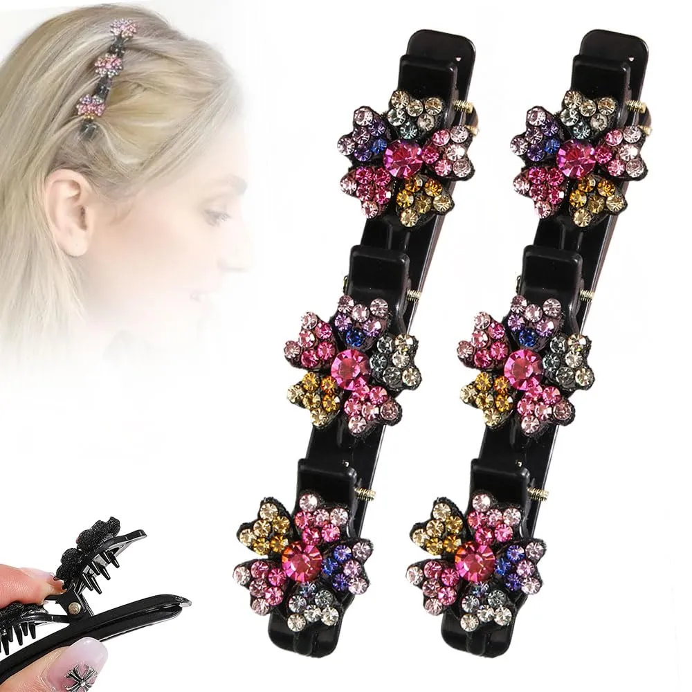 Sparkling Crystal Stone Braided Hair Clips, 2024 New Women's Braided Hair Clip, Short Hair Clips Duckbill Clips, Braided Hair Clip for Ladies and Girls Crystal Stone (Flower-D)