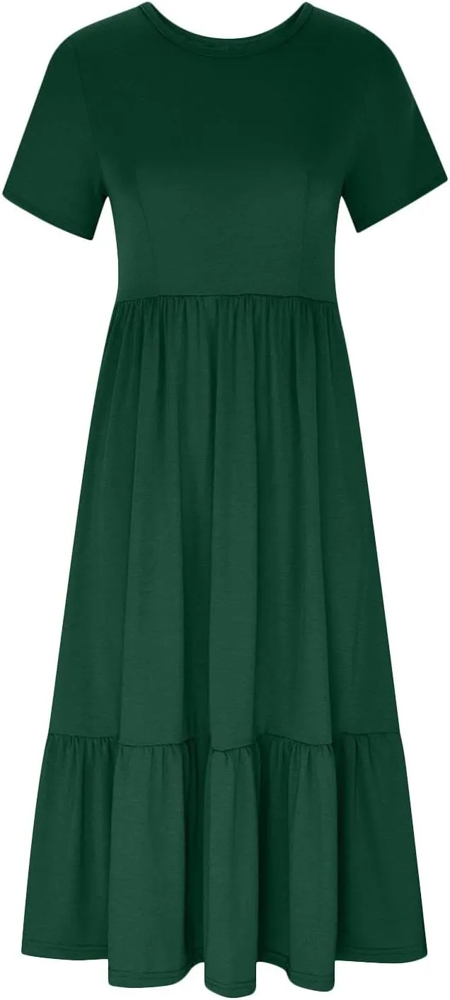 Spring Dresses for Women 2024 Casual Loose Short Sleeve Summer Long Tshirt Dress Flowy Tiered Maxi Beach Sundress