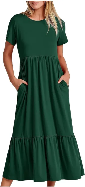 Spring Dresses for Women 2024 Casual Loose Short Sleeve Summer Long Tshirt Dress Flowy Tiered Maxi Beach Sundress