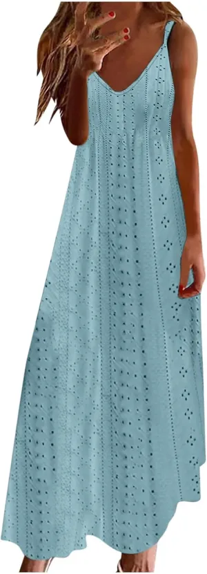 Spring Eyelet Dresses for Women 2025 Spaghetti Strap Maxi Dress Long Summer Sundresses Trendy Beach Vacation Clothing