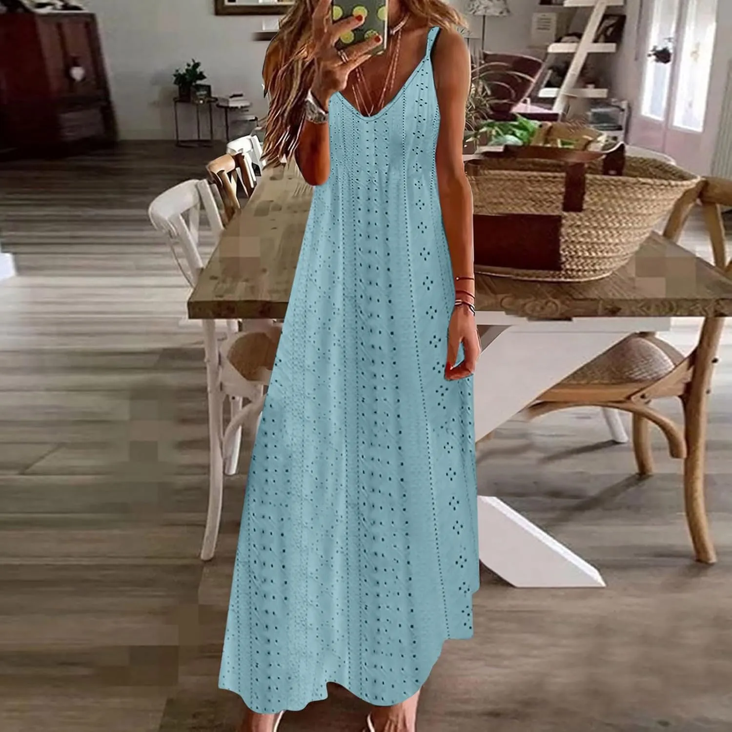 Spring Eyelet Dresses for Women 2025 Spaghetti Strap Maxi Dress Long Summer Sundresses Trendy Beach Vacation Clothing