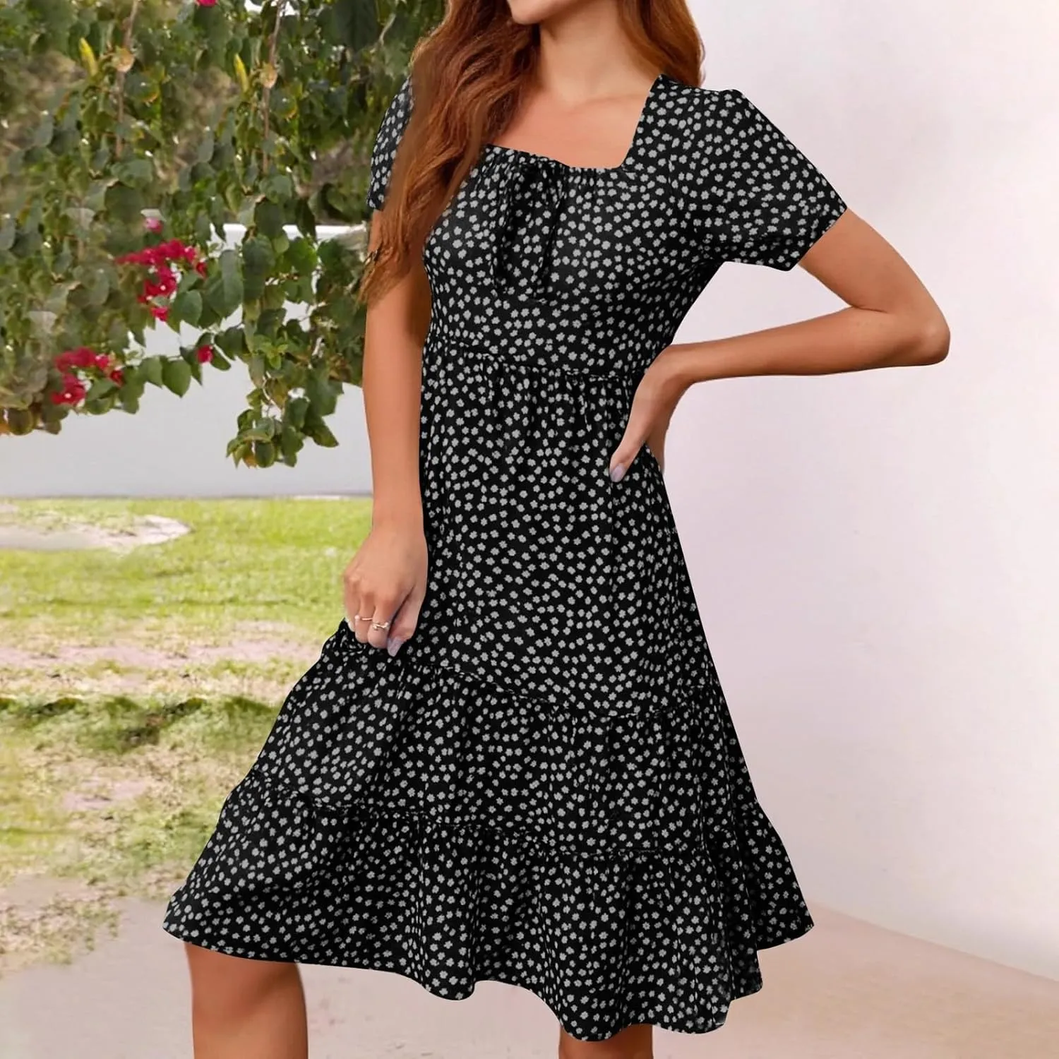 Square Neck Summer Dresses for Women 2025 Polka Dot Short Sleeve Midi Dresses Tiered Flowy Swing Boho Beach Sundress