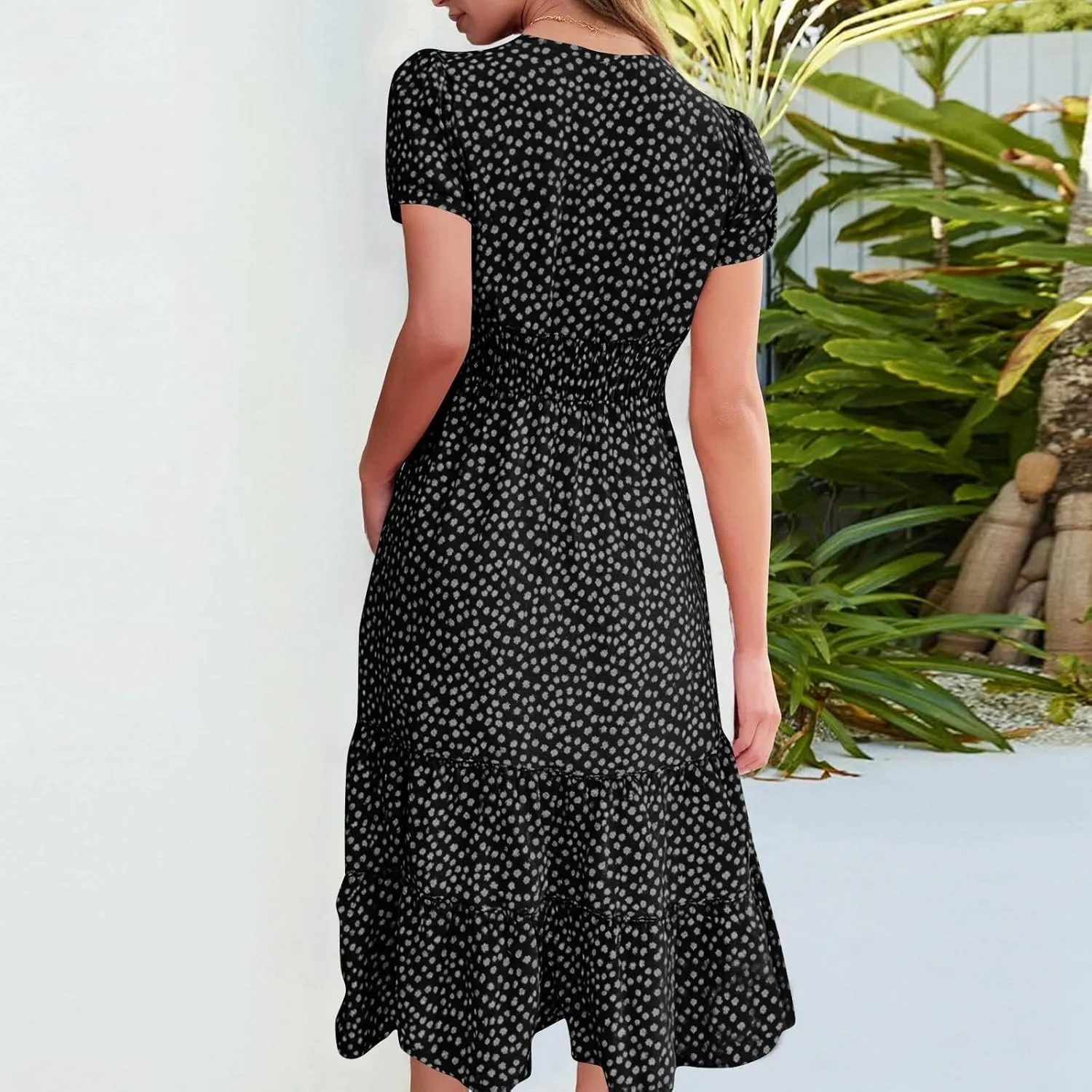 Square Neck Summer Dresses for Women 2025 Polka Dot Short Sleeve Midi Dresses Tiered Flowy Swing Boho Beach Sundress