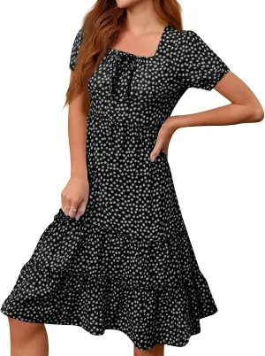 Square Neck Summer Dresses for Women 2025 Polka Dot Short Sleeve Midi Dresses Tiered Flowy Swing Boho Beach Sundress