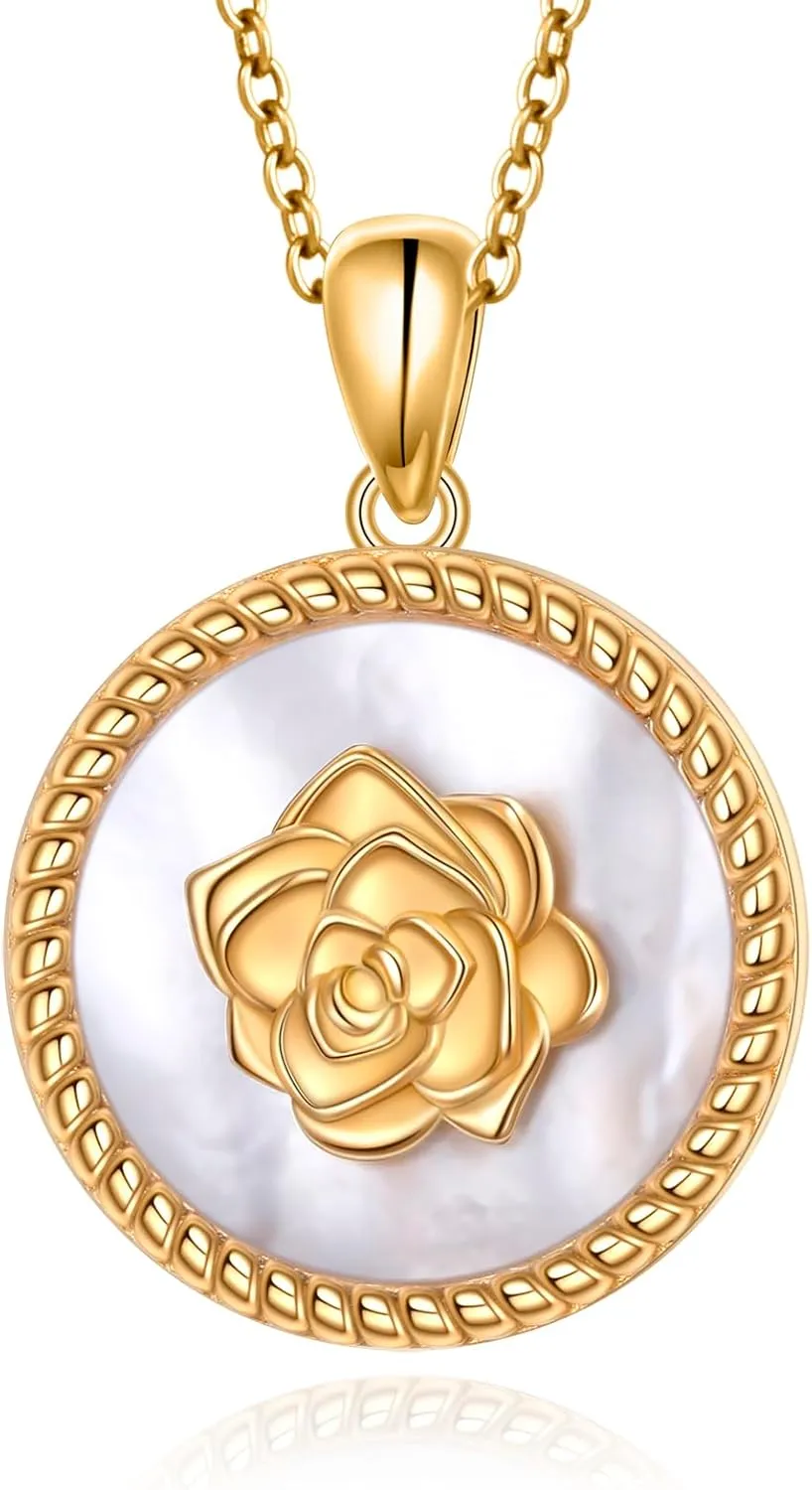 Sterling Silver Coin Necklace for Women, 14K Rose Flower Necklace White Coin Gold Pendant Necklaces for Women Teen