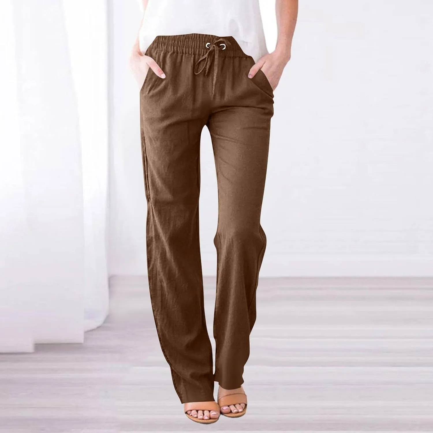 Straight Leg Summer Workout Slacks for Women Casual Tunic High Waist Stretch Trousers for Ladies Comfy Coloured