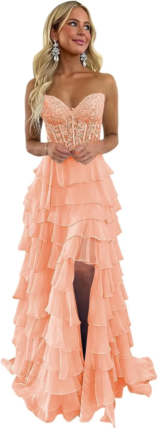 Strapless Lace Tiered Corset Prom Dresses 2025 for Women Long Ruffle Chiffon Formal Evening Gown with Slit