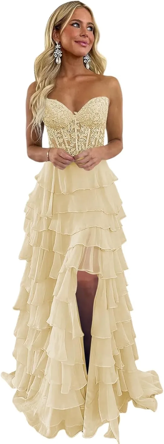 Strapless Lace Tiered Corset Prom Dresses 2025 for Women Long Ruffle Chiffon Formal Evening Gown with Slit