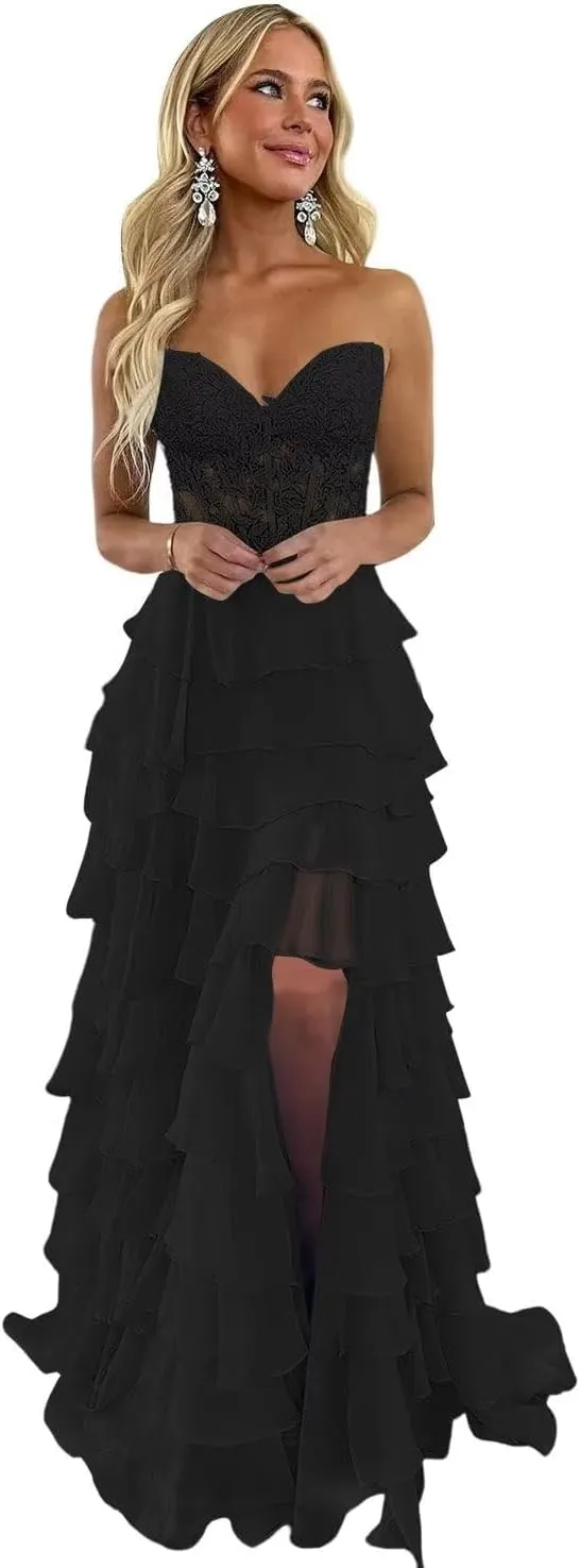 Strapless Lace Tiered Corset Prom Dresses 2025 for Women Long Ruffle Chiffon Formal Evening Gown with Slit