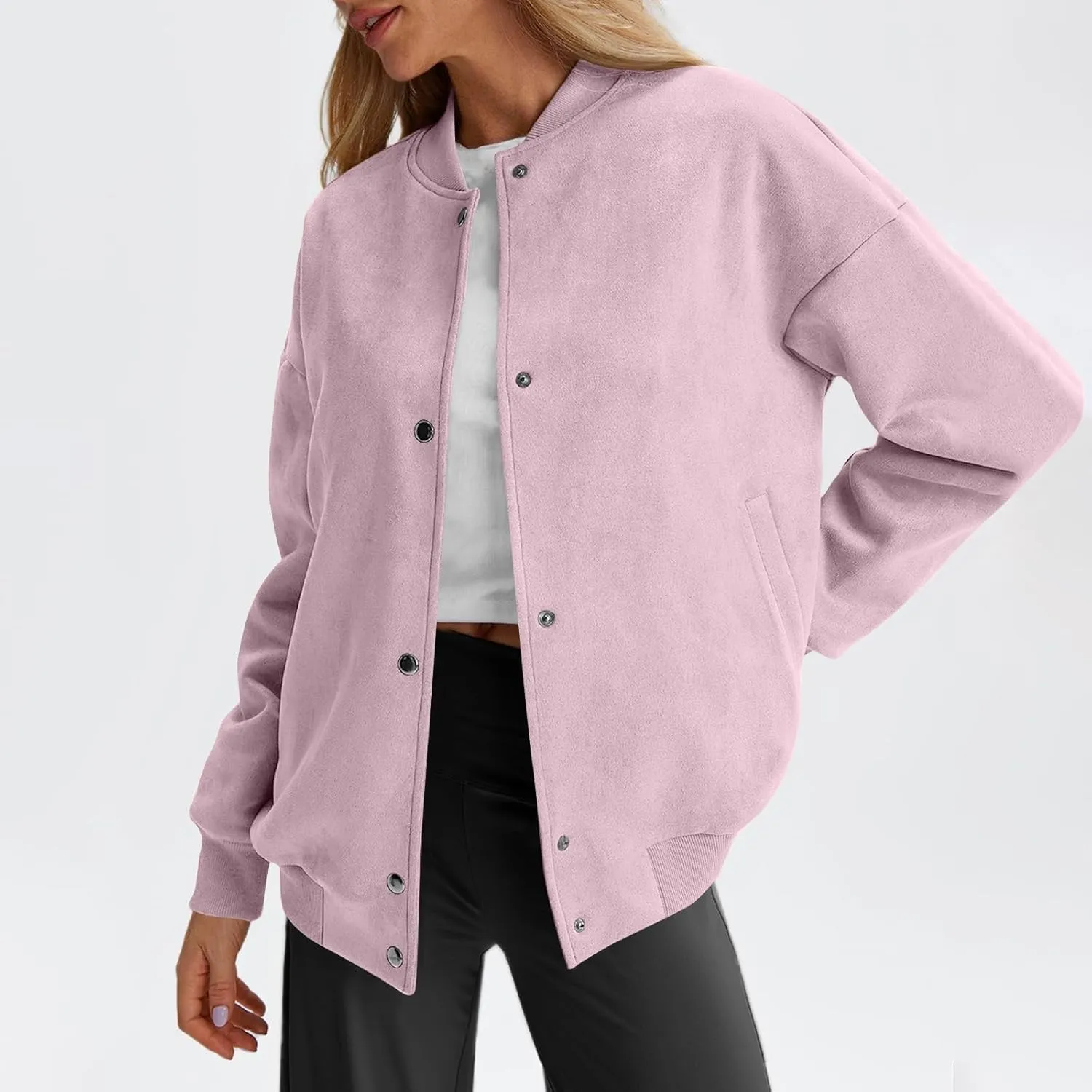 Suede Jacket Women Button Down Bomber Jacket Dressy Casual Varsity Shackets with Pockets Fall Coat Y2k Clothes