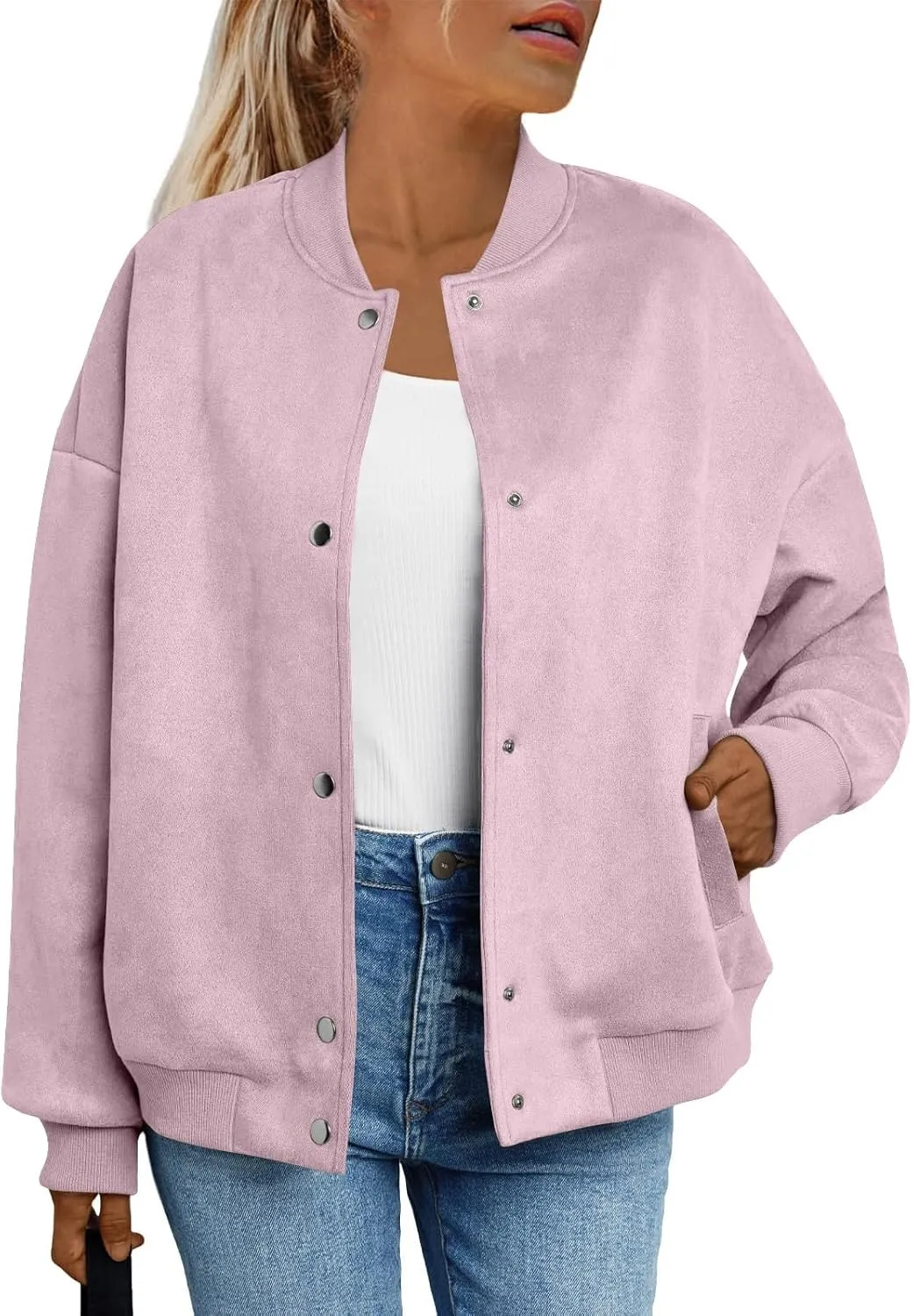 Suede Jacket Women Button Down Bomber Jacket Dressy Casual Varsity Shackets with Pockets Fall Coat Y2k Clothes