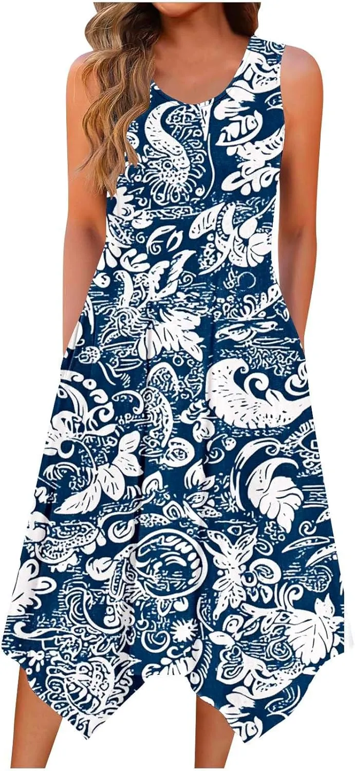 Summer Beach Dresses for Women 2025 Boho Floral Midi Tank Dress Sleeveless Flowy Sundress Resort Wear Vacation Outfits
