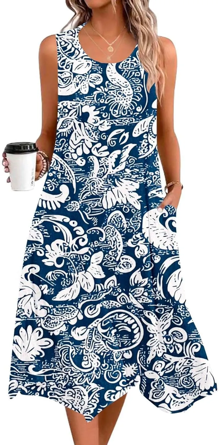 Summer Beach Dresses for Women 2025 Boho Floral Midi Tank Dress Sleeveless Flowy Sundress Resort Wear Vacation Outfits