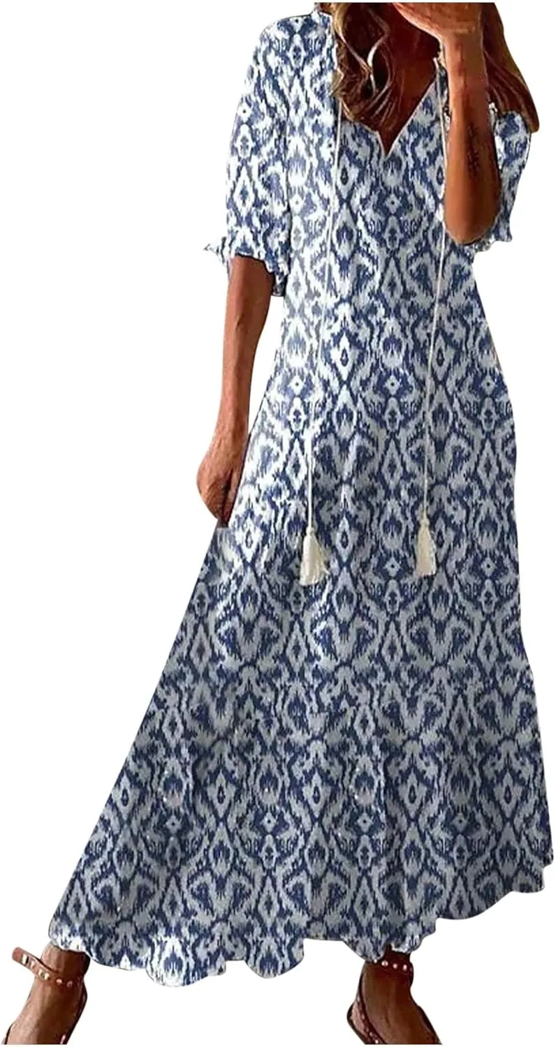 Summer Beach Dresses for Women Trendy Floral Printed Short Sleeve V Neck Maxi Dress Elegant Ladies Vacation Dress