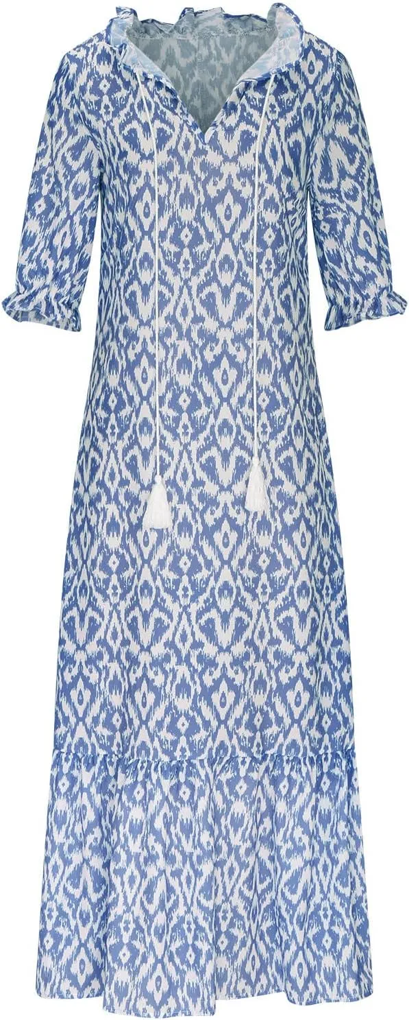 Summer Beach Dresses for Women Trendy Floral Printed Short Sleeve V Neck Maxi Dress Elegant Ladies Vacation Dress