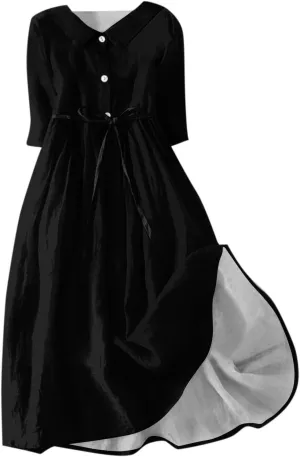 Summer Dress for Women 3/4 Sleeve Button Up A Line Flowy Maxi Dresses Vintage Floral Literary Simple Cotton Dress