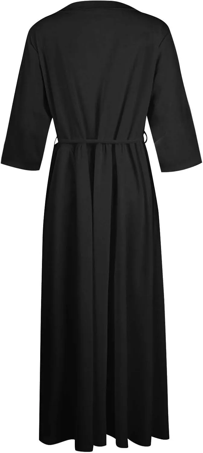 Summer Dress for Women 3/4 Sleeve Button Up A Line Flowy Maxi Dresses Vintage Floral Literary Simple Cotton Dress