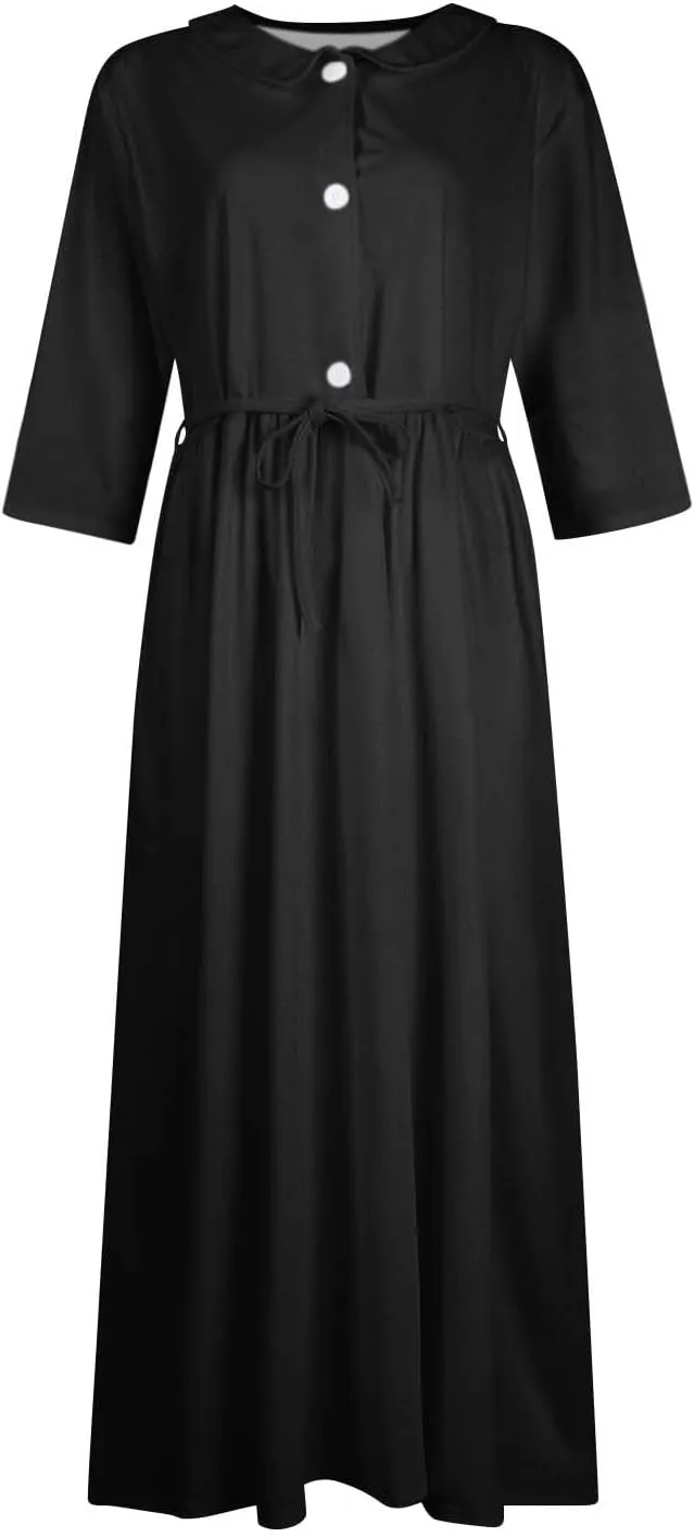 Summer Dress for Women 3/4 Sleeve Button Up A Line Flowy Maxi Dresses Vintage Floral Literary Simple Cotton Dress