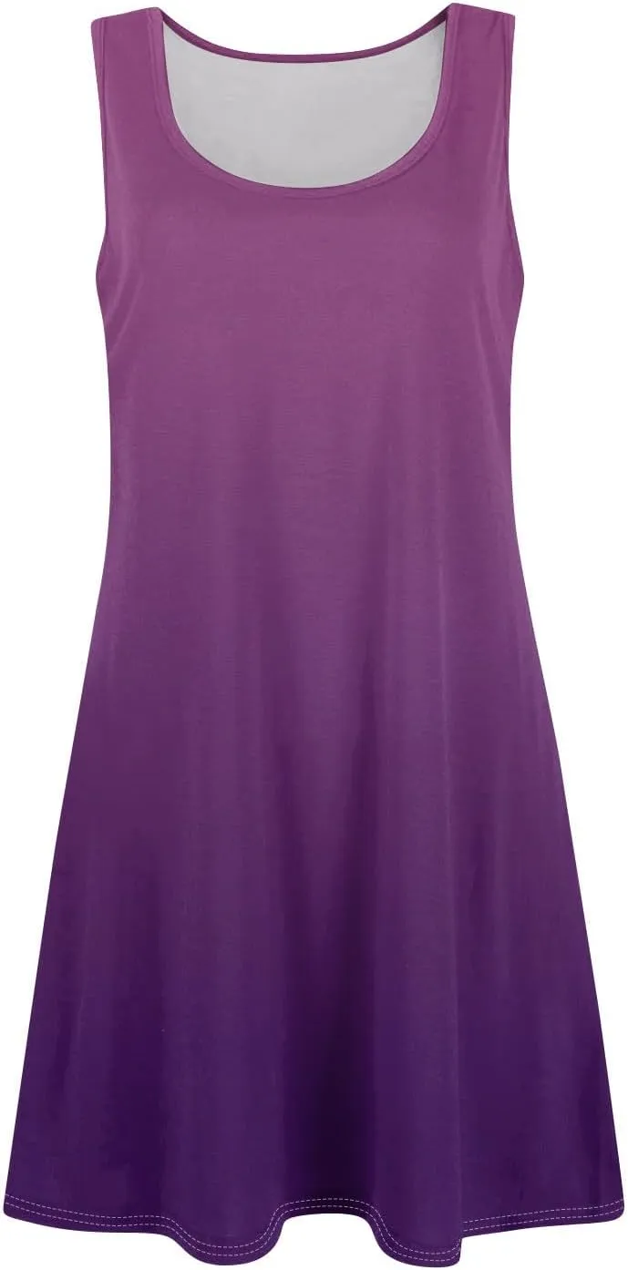Summer Dress for Women Casual Trendy Ombre Gradient U-Neck Sleeveless Beach Vacation Mini Tank Sundress with Pocket