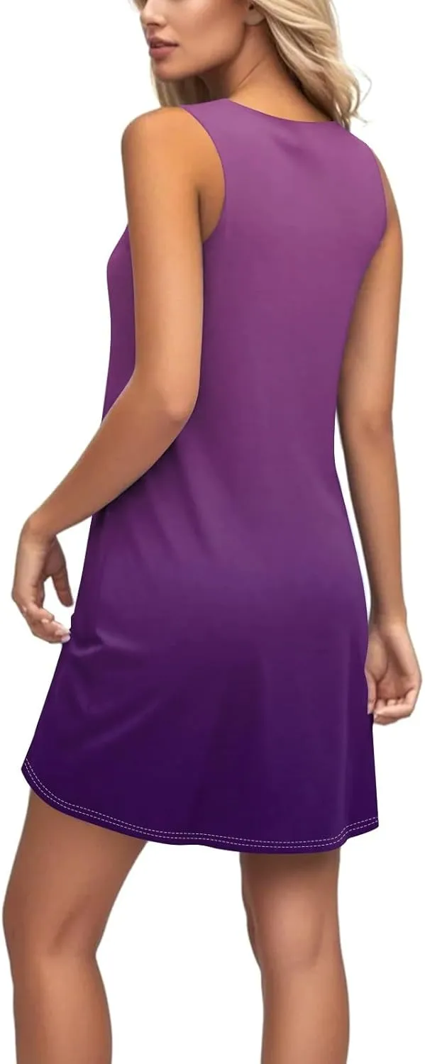 Summer Dress for Women Casual Trendy Ombre Gradient U-Neck Sleeveless Beach Vacation Mini Tank Sundress with Pocket