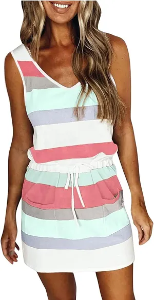 Summer Dresses for Women 2024 Casual V-Neck Sleeveless Bandage Stripe Printing Sundresses Loose Vest Sling Dress