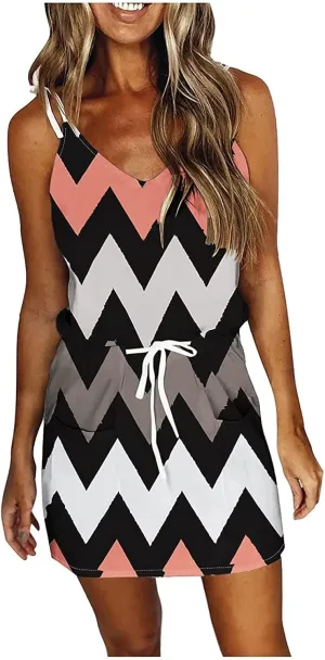 Summer Dresses for Women 2024 Casual V-Neck Sleeveless Bandage Stripe Printing Sundresses Loose Vest Sling Dress