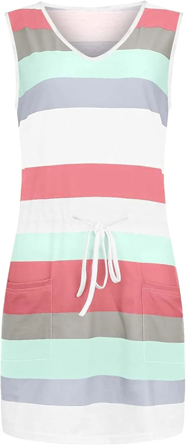 Summer Dresses for Women 2024 Casual V-Neck Sleeveless Bandage Stripe Printing Sundresses Loose Vest Sling Dress