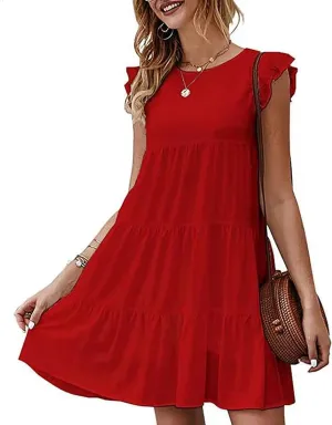 Summer Dresses for Women 2024 Cute Boho Cap Sleeve Ruffle Swing Mini Babydoll Dress Beach Vacation Sundresses