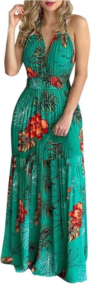 Summer Dresses for Women 2024 Fashion Sexy Floral Tropical Beach Halter Sundress Hawaiian Backless Long Maxi Dress