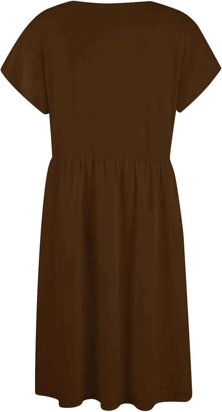 Summer Dresses for Women 2024 Round Neck Fly Sleeve Casual Loose Swing Button Beach Midi Dresseswith Pocket