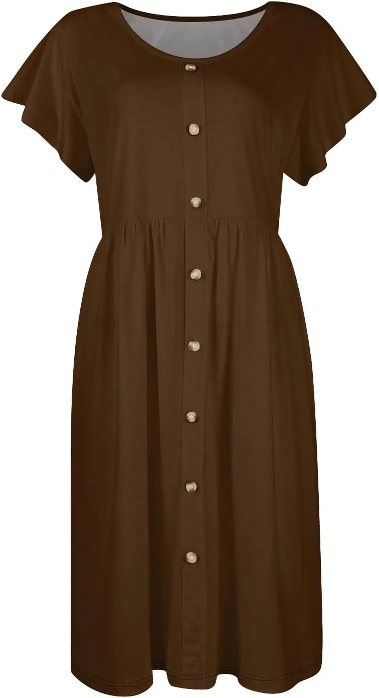 Summer Dresses for Women 2024 Round Neck Fly Sleeve Casual Loose Swing Button Beach Midi Dresseswith Pocket