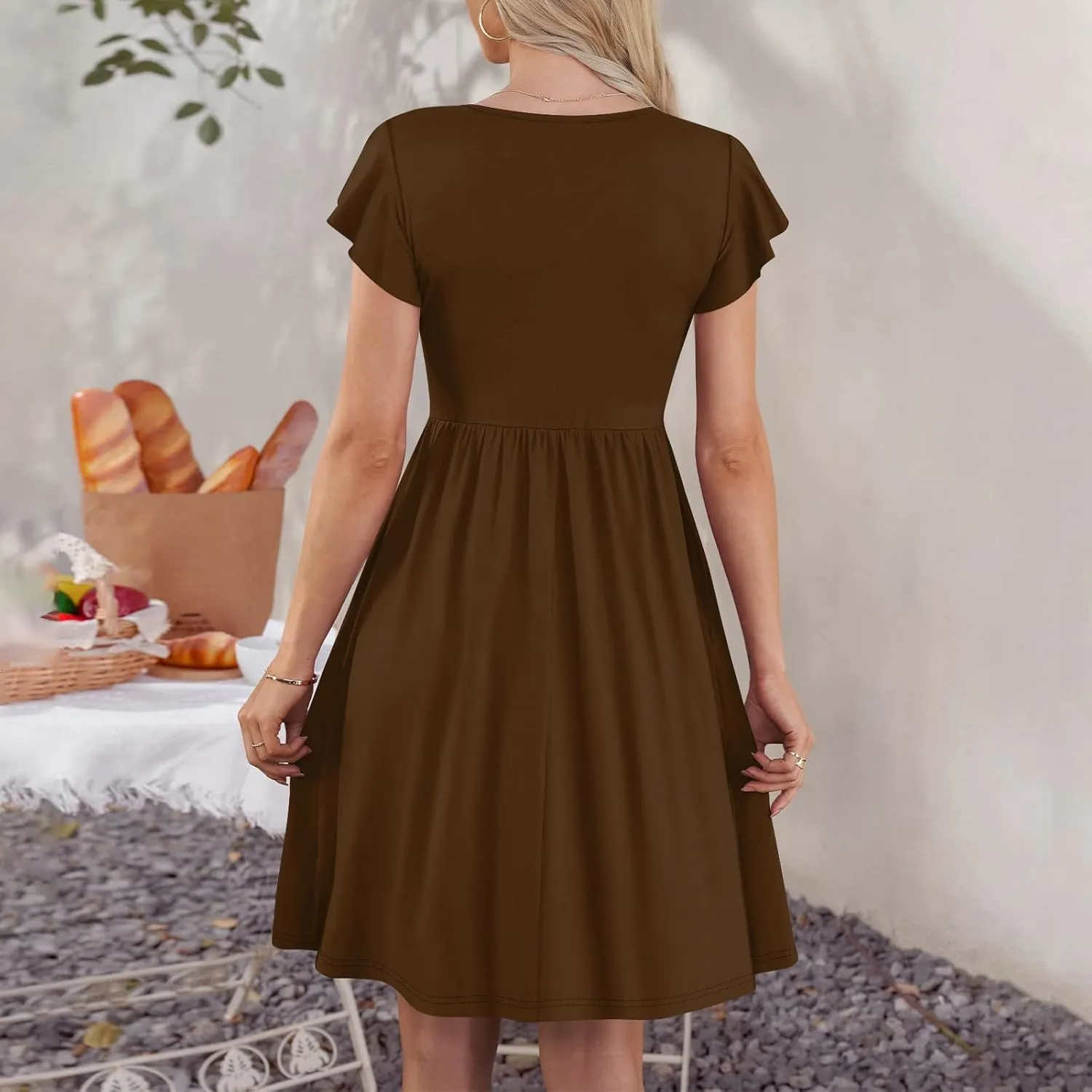Summer Dresses for Women 2024 Round Neck Fly Sleeve Casual Loose Swing Button Beach Midi Dresseswith Pocket