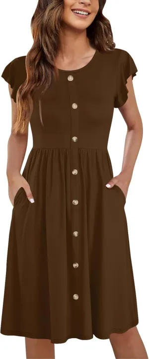 Summer Dresses for Women 2024 Round Neck Fly Sleeve Casual Loose Swing Button Beach Midi Dresseswith Pocket
