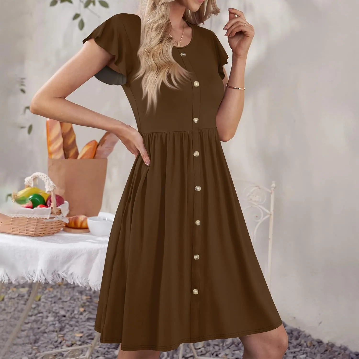 Summer Dresses for Women 2024 Round Neck Fly Sleeve Casual Loose Swing Button Beach Midi Dresseswith Pocket