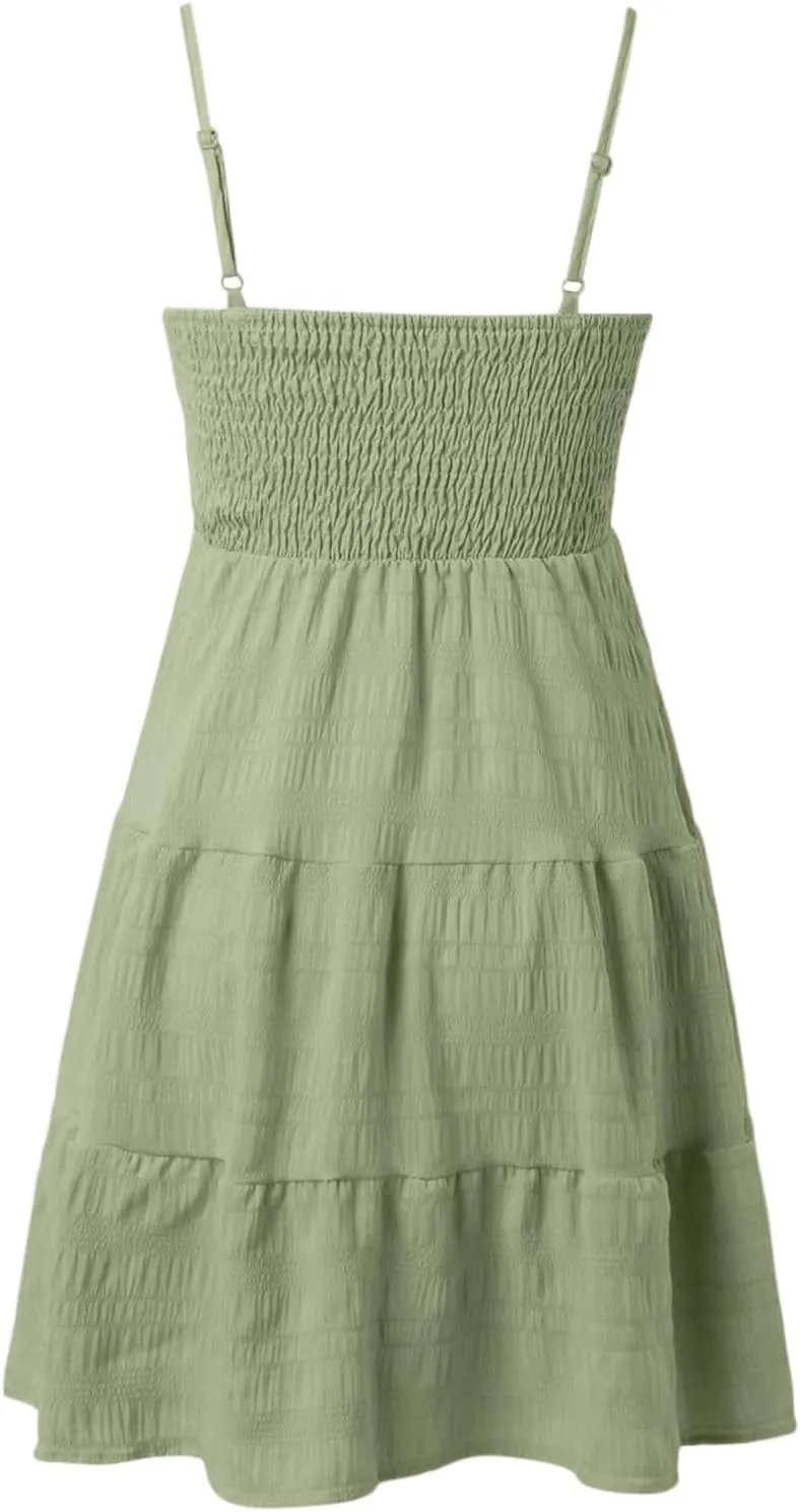 Summer Dresses for Women 2024 Spaghetti Strap Waist Ruffle Mini Dress Sleeveless Smocked Sundress A Line Tiered Dress
