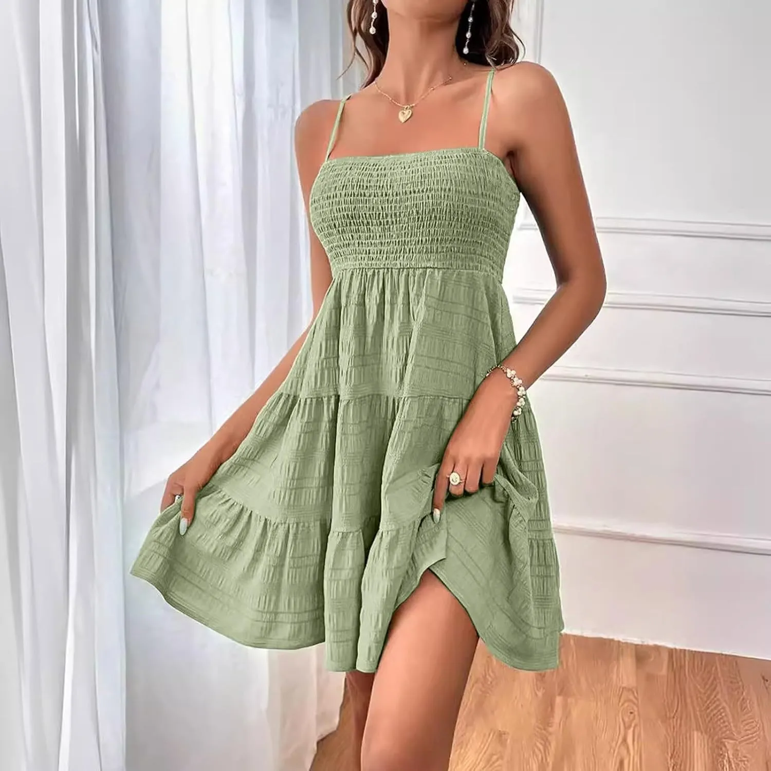 Summer Dresses for Women 2024 Spaghetti Strap Waist Ruffle Mini Dress Sleeveless Smocked Sundress A Line Tiered Dress