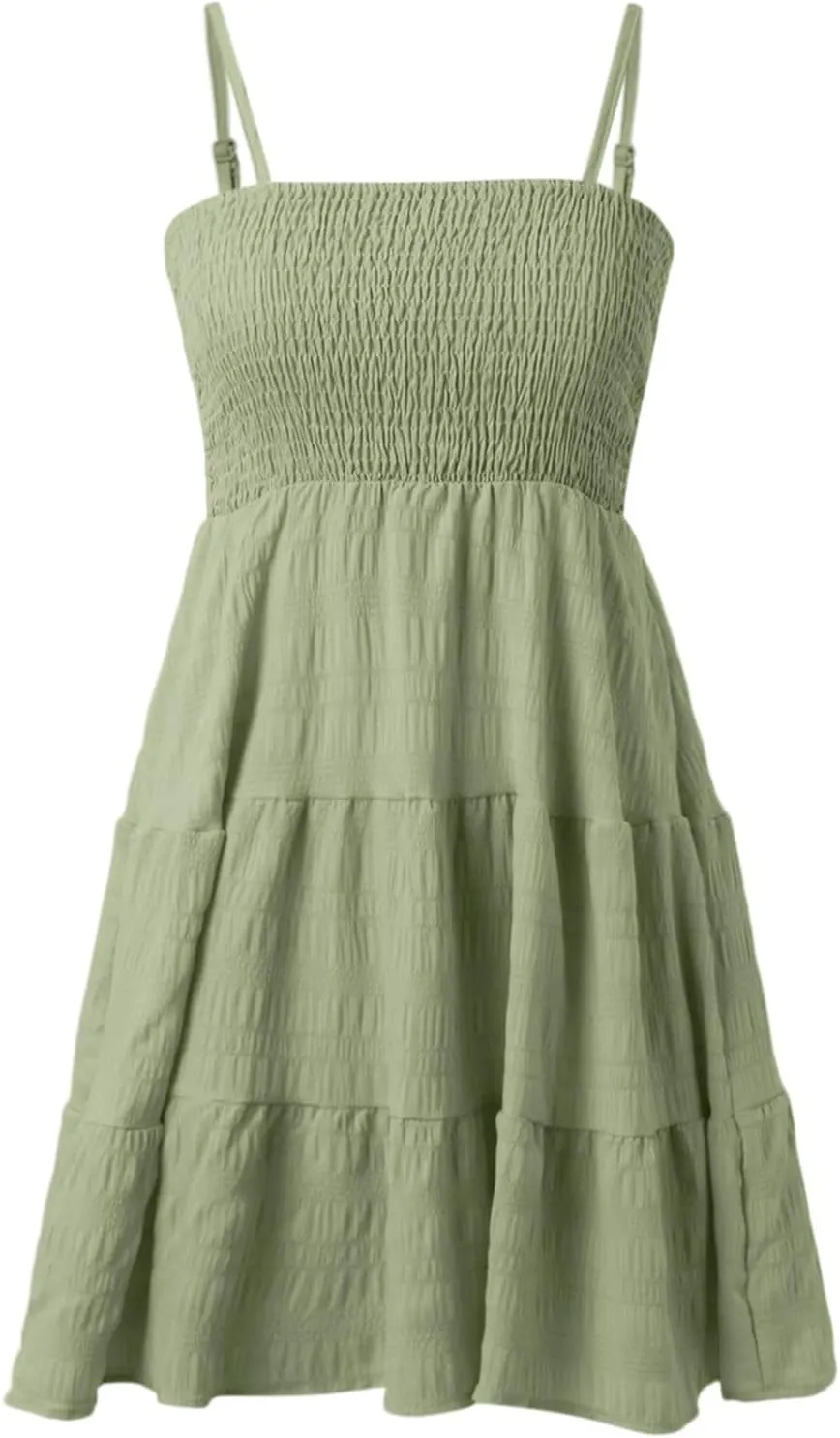 Summer Dresses for Women 2024 Spaghetti Strap Waist Ruffle Mini Dress Sleeveless Smocked Sundress A Line Tiered Dress