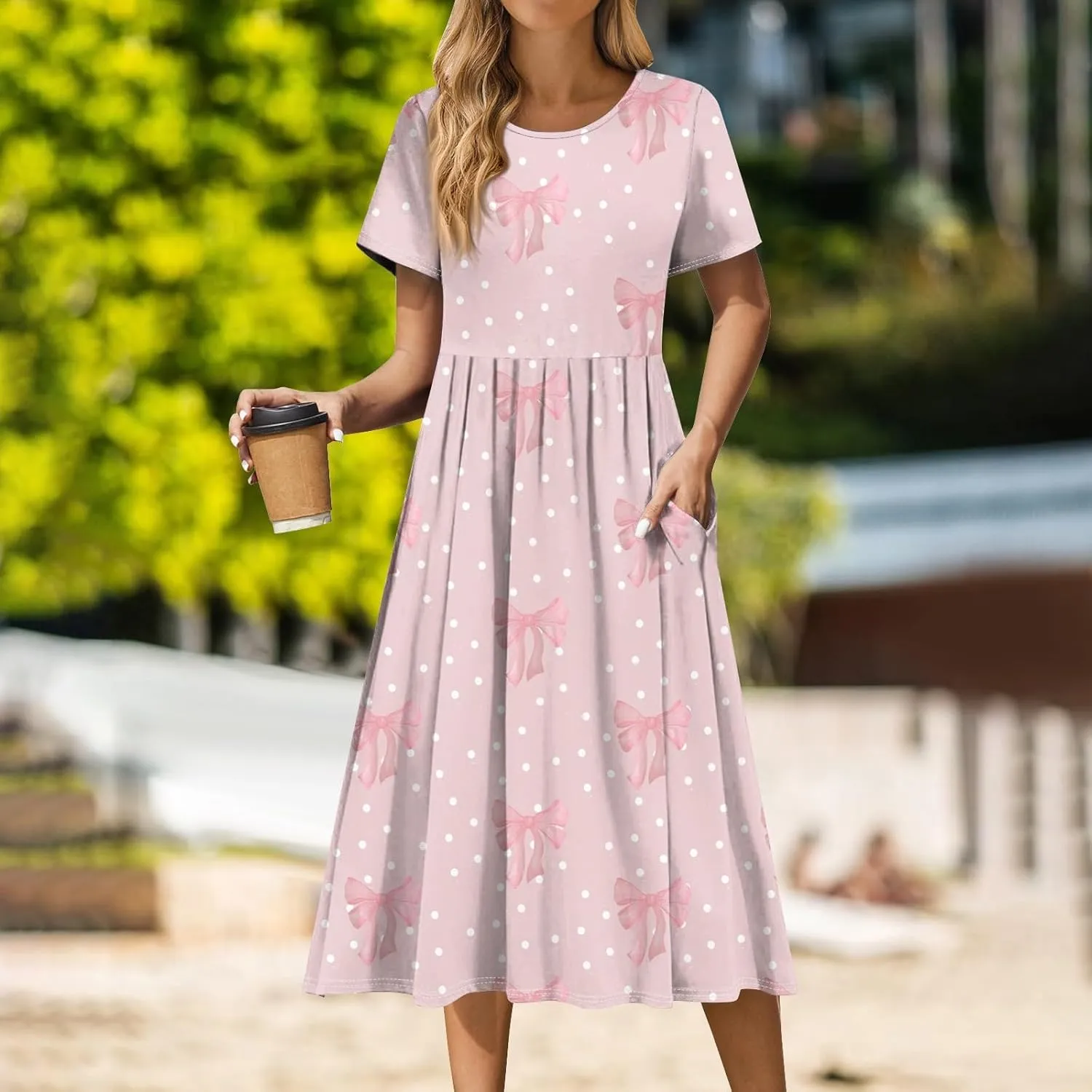 Summer Dresses for Women 2025 Beach Boho Hawaiian Casual Crewneck Short Sleeve Midi Formal Bodycon Vacation Sun Dress