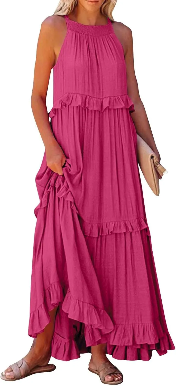 Summer Dresses for Women 2025 Boho Halter Maxi Dresses Sleeveless Pleated Tiered Flowy Beach Vacation Long Dress