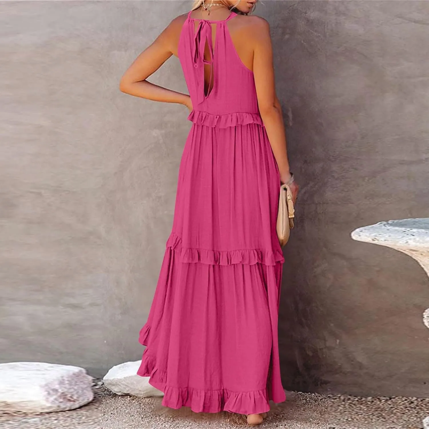 Summer Dresses for Women 2025 Boho Halter Maxi Dresses Sleeveless Pleated Tiered Flowy Beach Vacation Long Dress