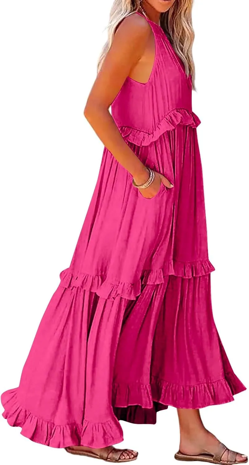 Summer Dresses for Women 2025 Boho Halter Maxi Dresses Sleeveless Pleated Tiered Flowy Beach Vacation Long Dress